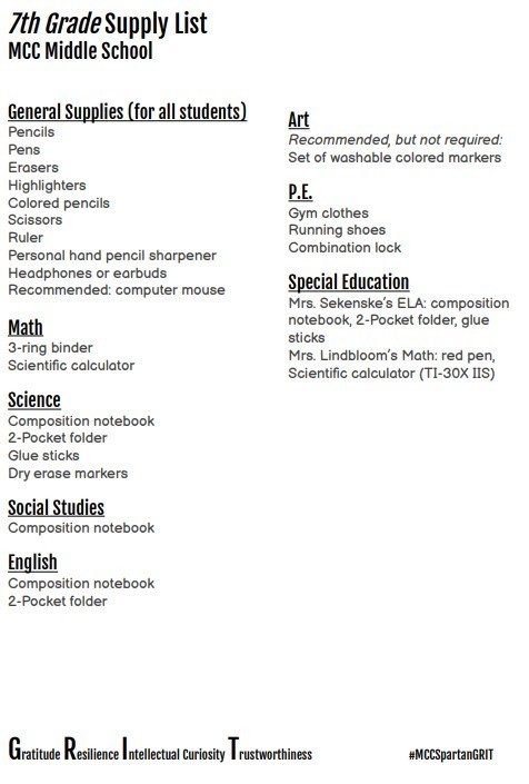 list of 7th grade school supplies