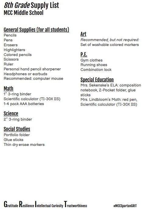 list of 8th grade school supplies