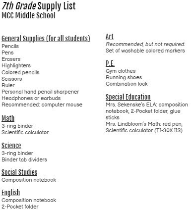 7th grade supply list
