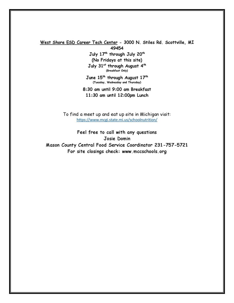 Mason County Central Free summer meals